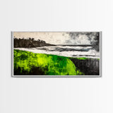 Green Cliffside, Coastal Landscape, Ocean Art, Black and White Seascape, Modern Home Decor, Nautical Theme Artwork, Framed Canvas Print