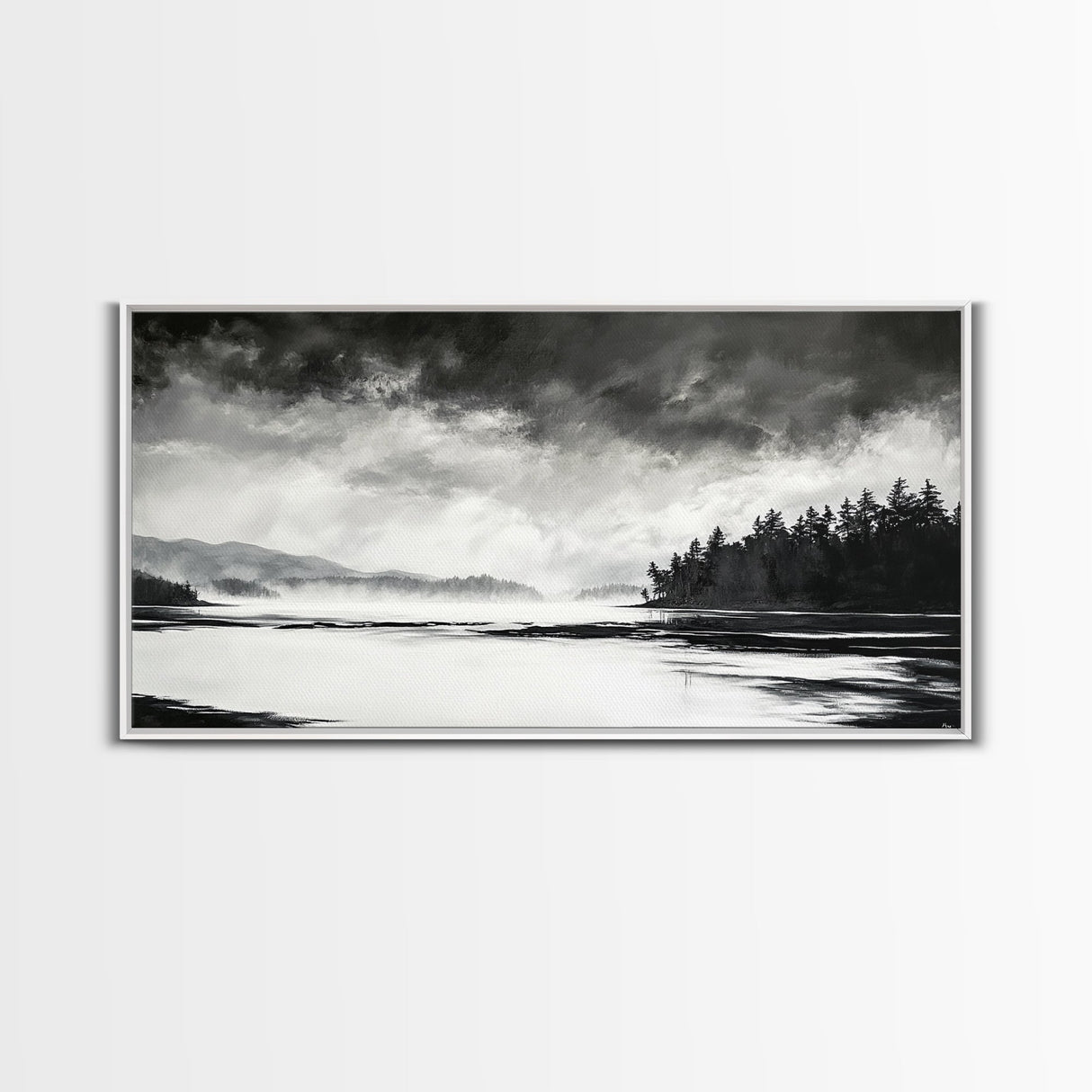 Monochrome Landscape Art, Misty Lake Canvas Print, Nature Wall Decor, Black and White Painting, Living Room Artwork, Framed Canvas Print