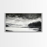 Monochrome Landscape Art, Misty Lake Canvas Print, Nature Wall Decor, Black and White Painting, Living Room Artwork, Framed Canvas Print