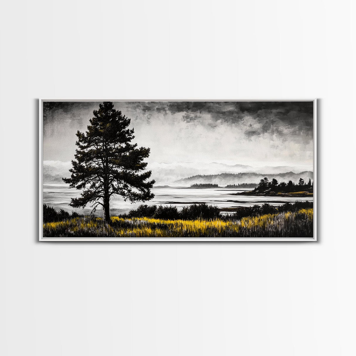 Foggy Pine Tree Art, Landscape Canvas Print, Black and White Painting, Autumn Wall Decor, Cabin Inspired Artwork, Framed Canvas Print
