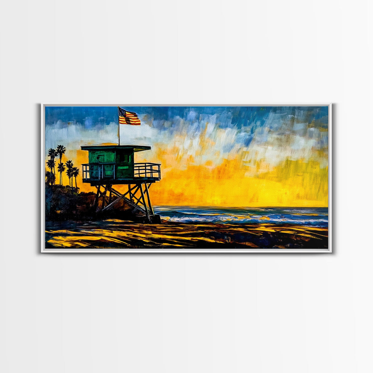 Lifeguard Tower, Sunset, Coast, Framed Canvas Print, California Beach Wall Art, Surf Decor, Vibrant Seaside Art, Coastal Home Decor