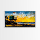 Lifeguard Tower, Sunset, Coast, Framed Canvas Print, California Beach Wall Art, Surf Decor, Vibrant Seaside Art, Coastal Home Decor