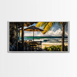 Oceanfront Cafe, Tropical Beach View, Nautical Home Art, Relaxing Coastal Decor, Boho Beach House, Seaside Paradise, Framed Canvas Print