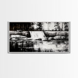 Waterfall Landscape, Black and White Nature Art, Forest Wall Decor, Rustic Art, Minimalist Landscape, Cabin Artwork, Framed Canvas Print
