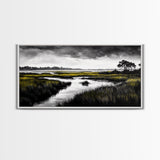 Marshland Scene, Serene Landscape, Black and White Nature Art, Modern Decor, Misty Grasslands, Living Room Artwork, Framed Canvas Print