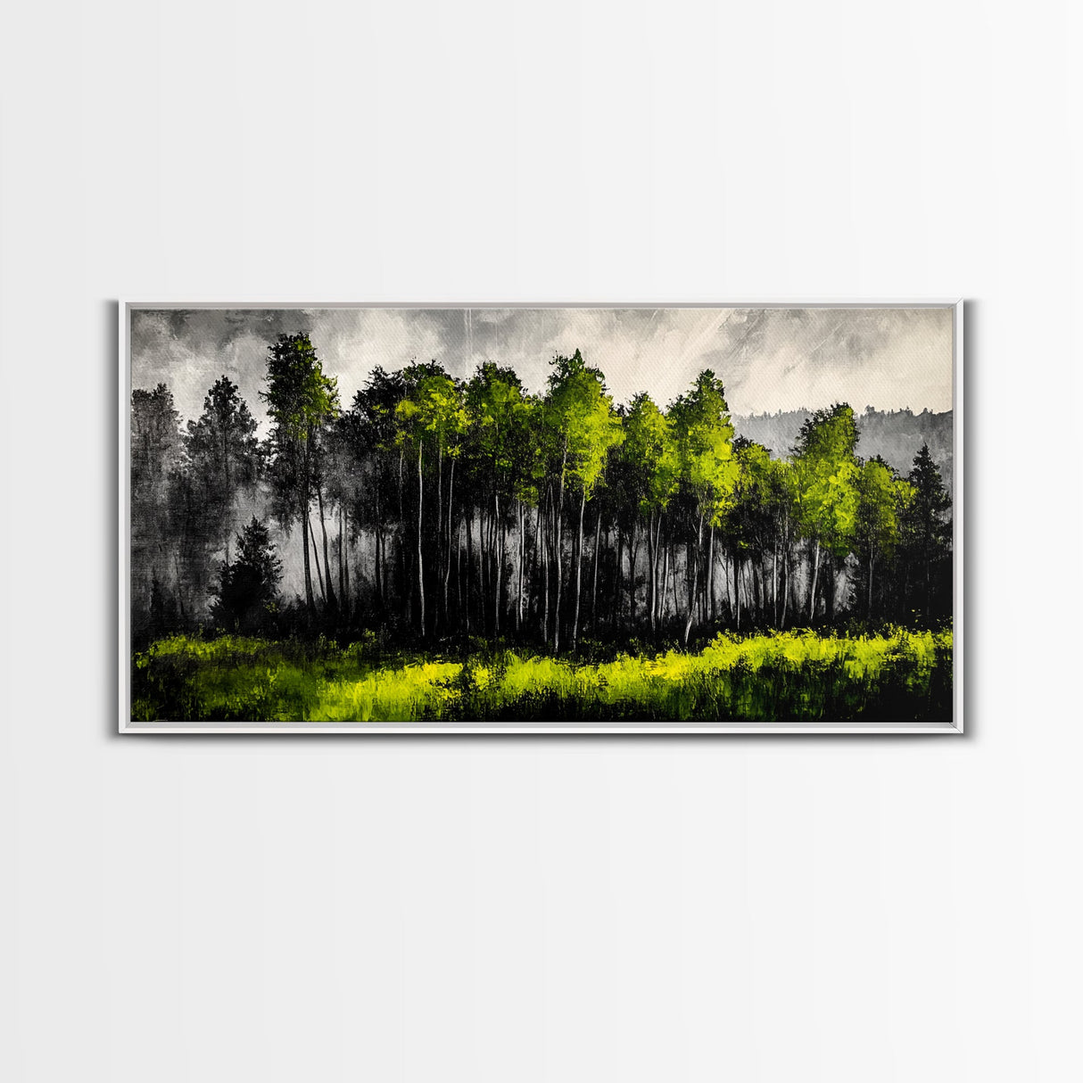 Misty Forest, Dark Green, Woodland Print, Nature Wall Art, Large Framed Artwork, Rustic Cabin Decor, Wilderness Painting, Moody Wall Art