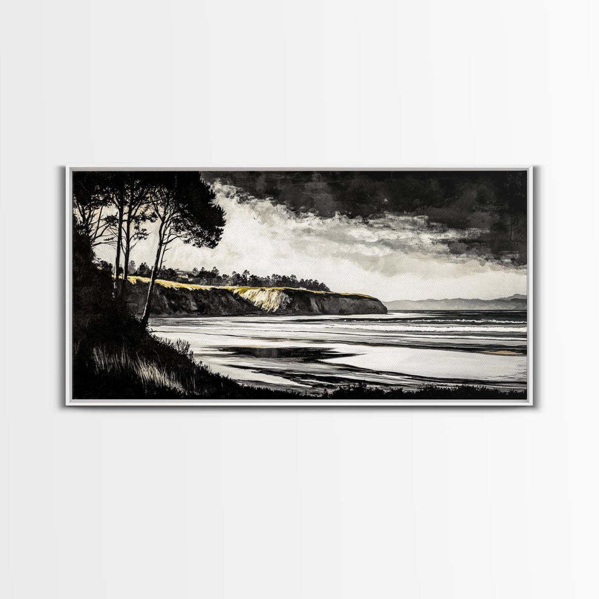 Black White, Coastal Cliffs, Seascape, Large Canvas Print, Ocean Wall Art, Modern Landscape, Minimalist Painting, Nautical Home Decor