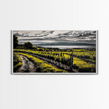 Vineyard View, Rolling Hills, Country Art, Framed Canvas Print, Rustic Landscape, Black White Yellow, Living Room Wall Art, Large Canvas