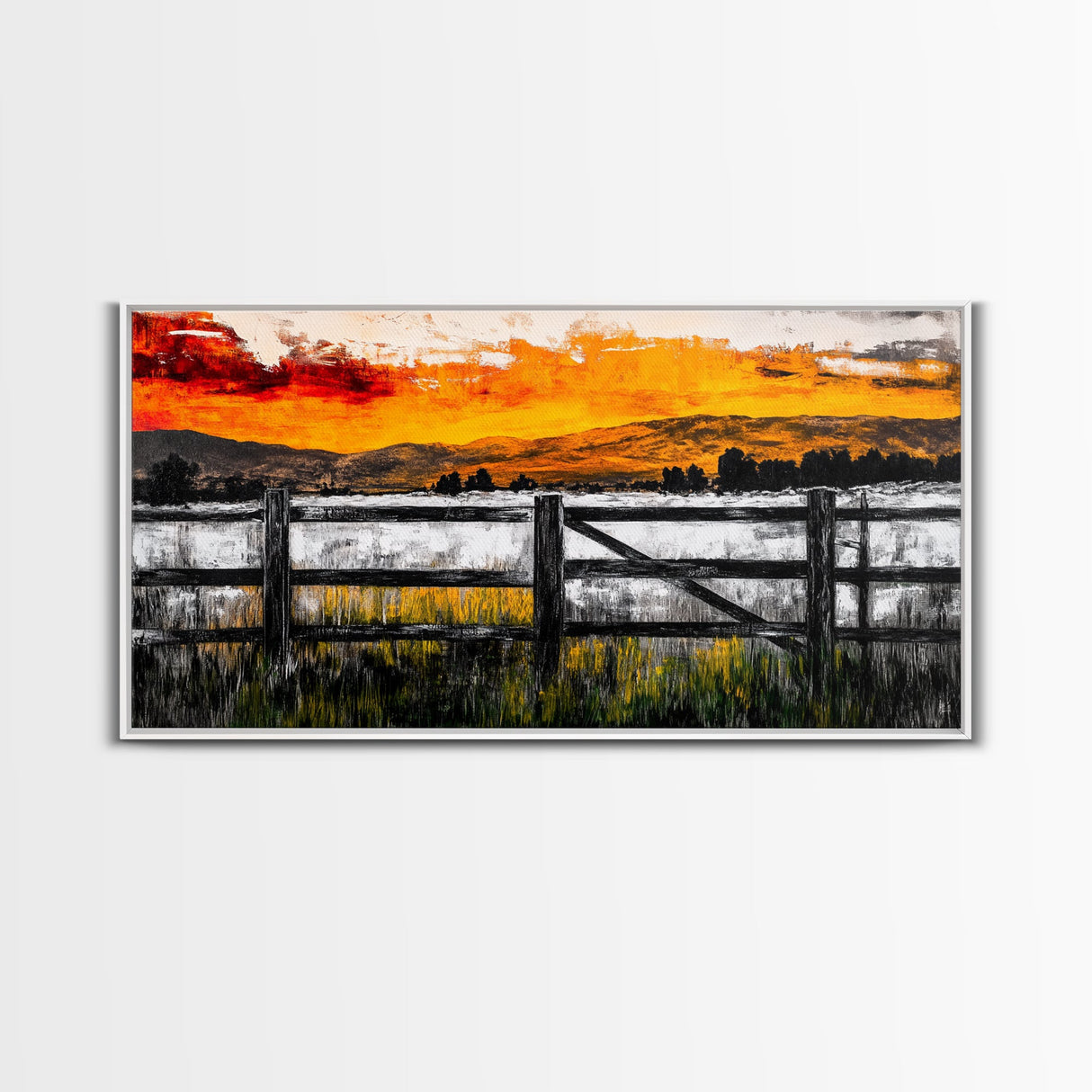 Sunset Fence, Mountain View, Rustic Canvas Print, Large Wall Art, Autumn, Farmhouse Painting, Framed Canvas Print, Moody Home Decor