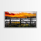 Sunset Fence, Mountain View, Rustic Canvas Print, Large Wall Art, Autumn, Farmhouse Painting, Framed Canvas Print, Moody Home Decor