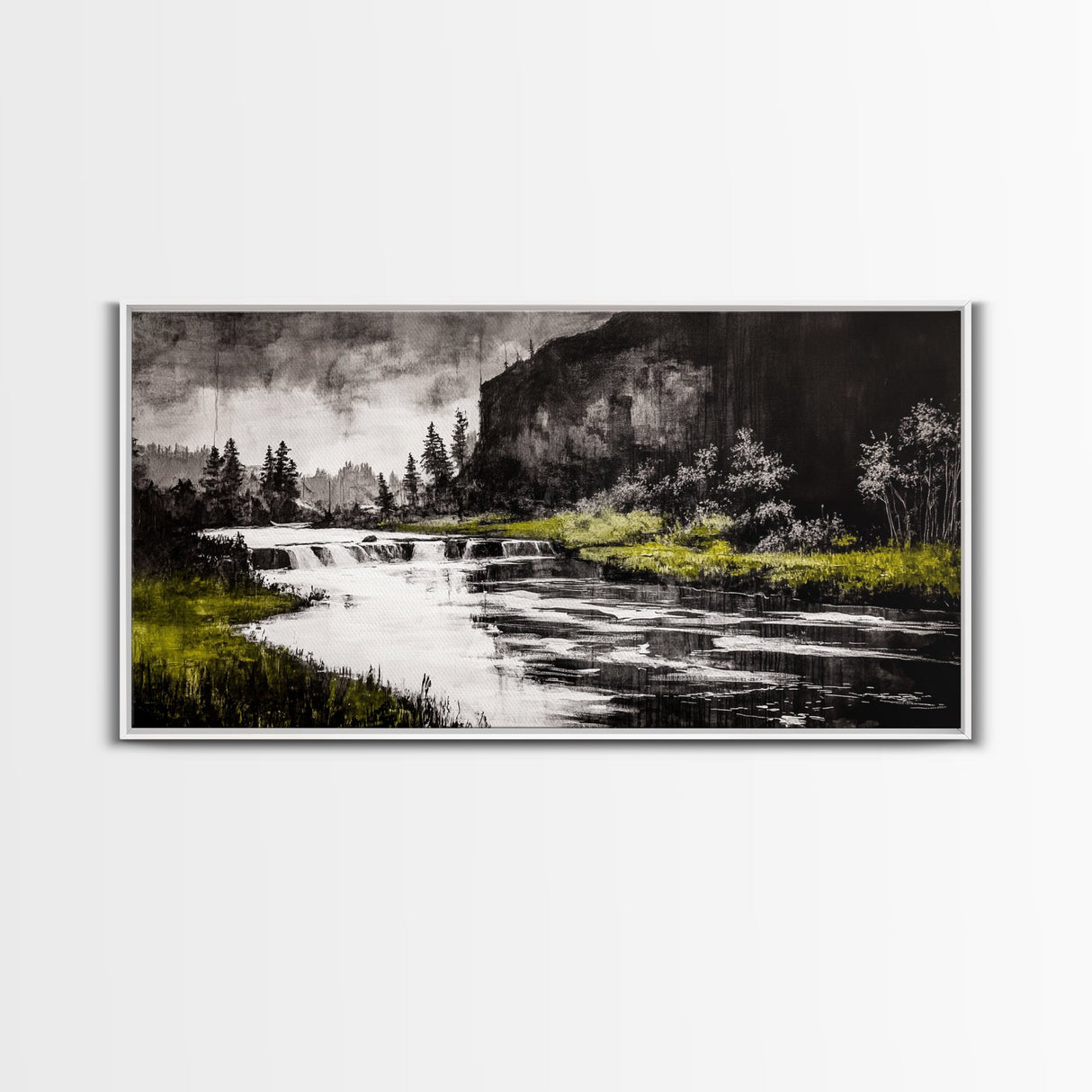 Forest Waterfall, Black and White Landscape, Nature Wall Art, Rustic Lodge Decor, Cabin Home Art, Peaceful River Scene, Canvas Print
