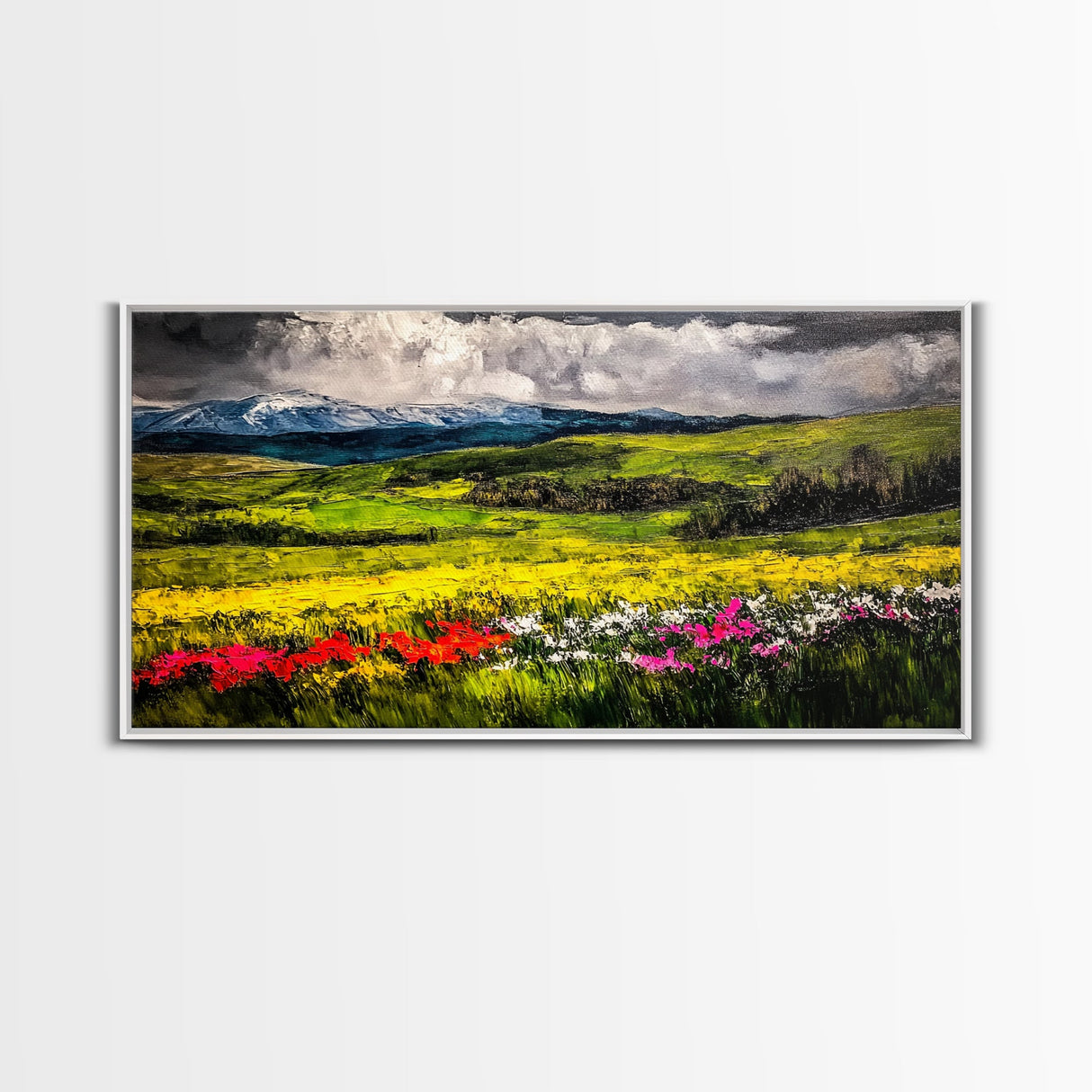 Spring Meadow Landscape, Mountain Wildflower Art, Vibrant Nature Wall Art, Farmhouse Decor, Impressionist Landscape, Framed Canvas Print