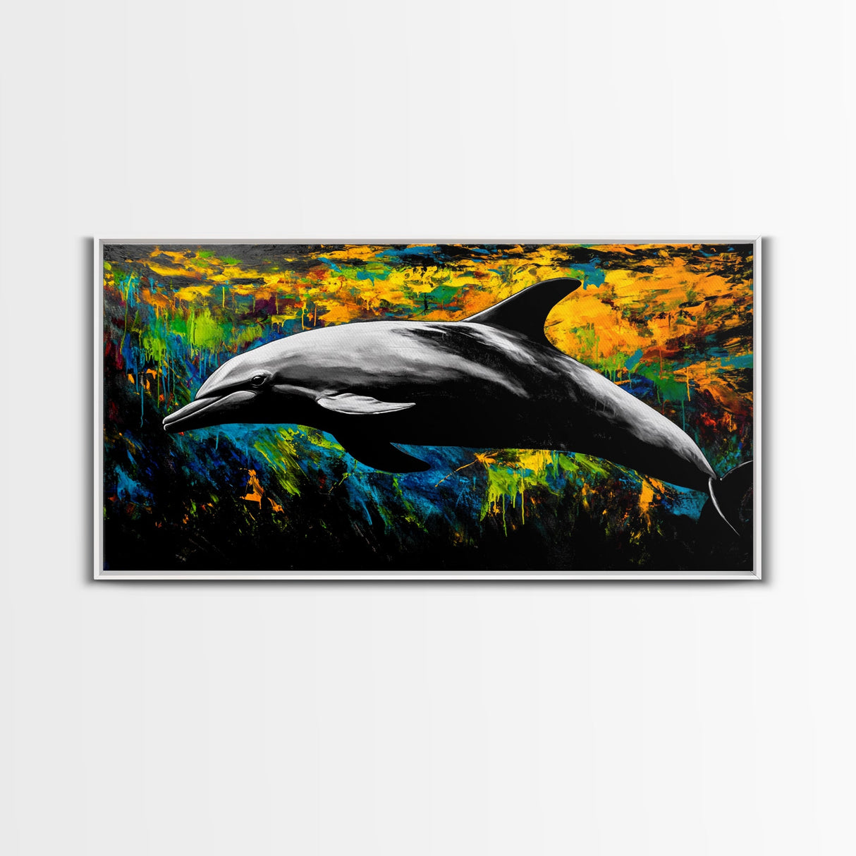 Dolphin, Ocean, Vibrant, Abstract, Framed Canvas Print, Colorful Sea Life Wall Art, Coastal Decor, Beach House Art, Nautical Theme