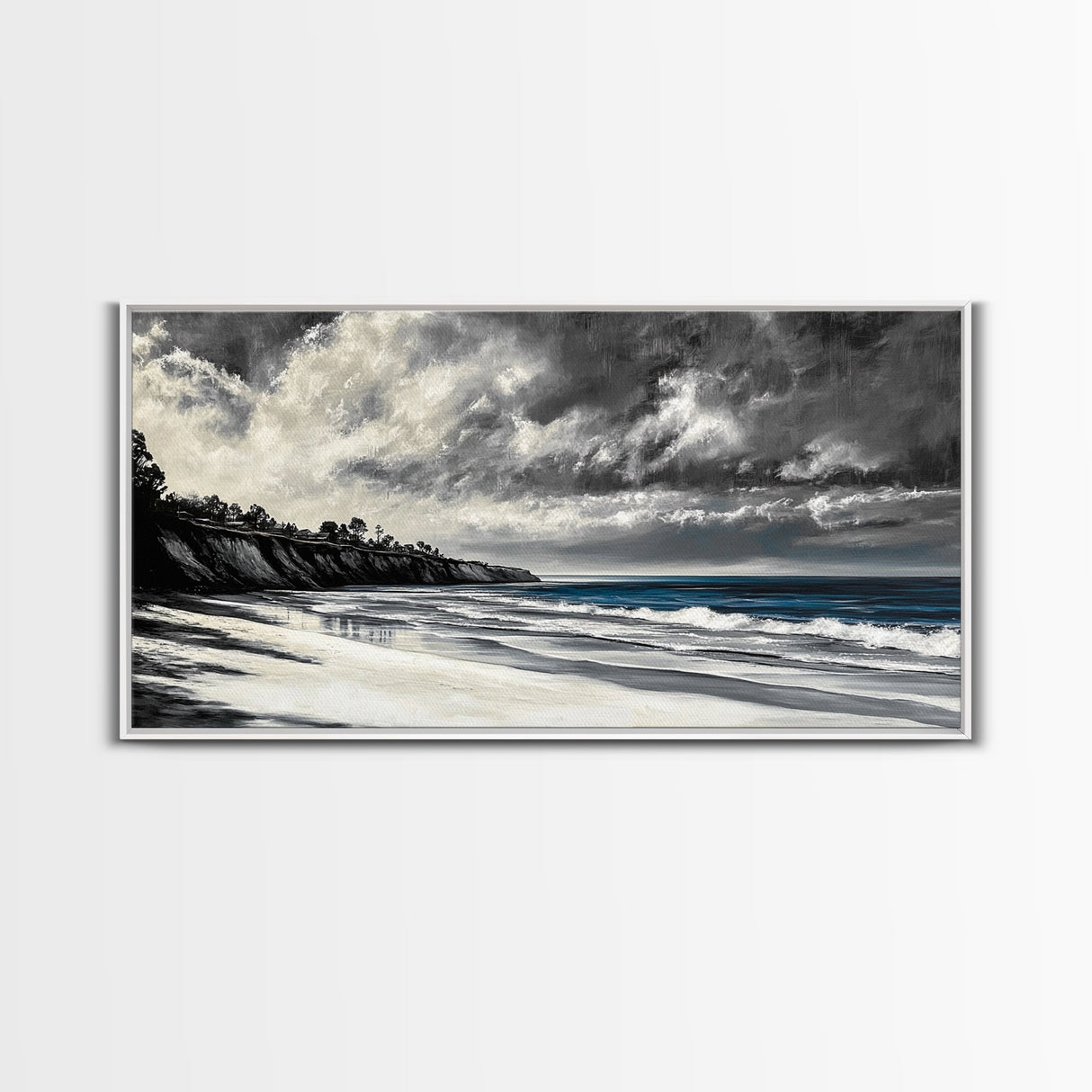 Moody Seascape, Stormy Ocean, Dramatic Sky, Beach Wall Art, Black and White Coastal Decor, Framed Canvas Print, Large Landscape Art