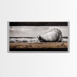 Seashell and Waves, Nautical Art, Coastal Beach Decor, Black and White Seascape, Ocean Home Art, Framed Canvas Print, Elegant Art