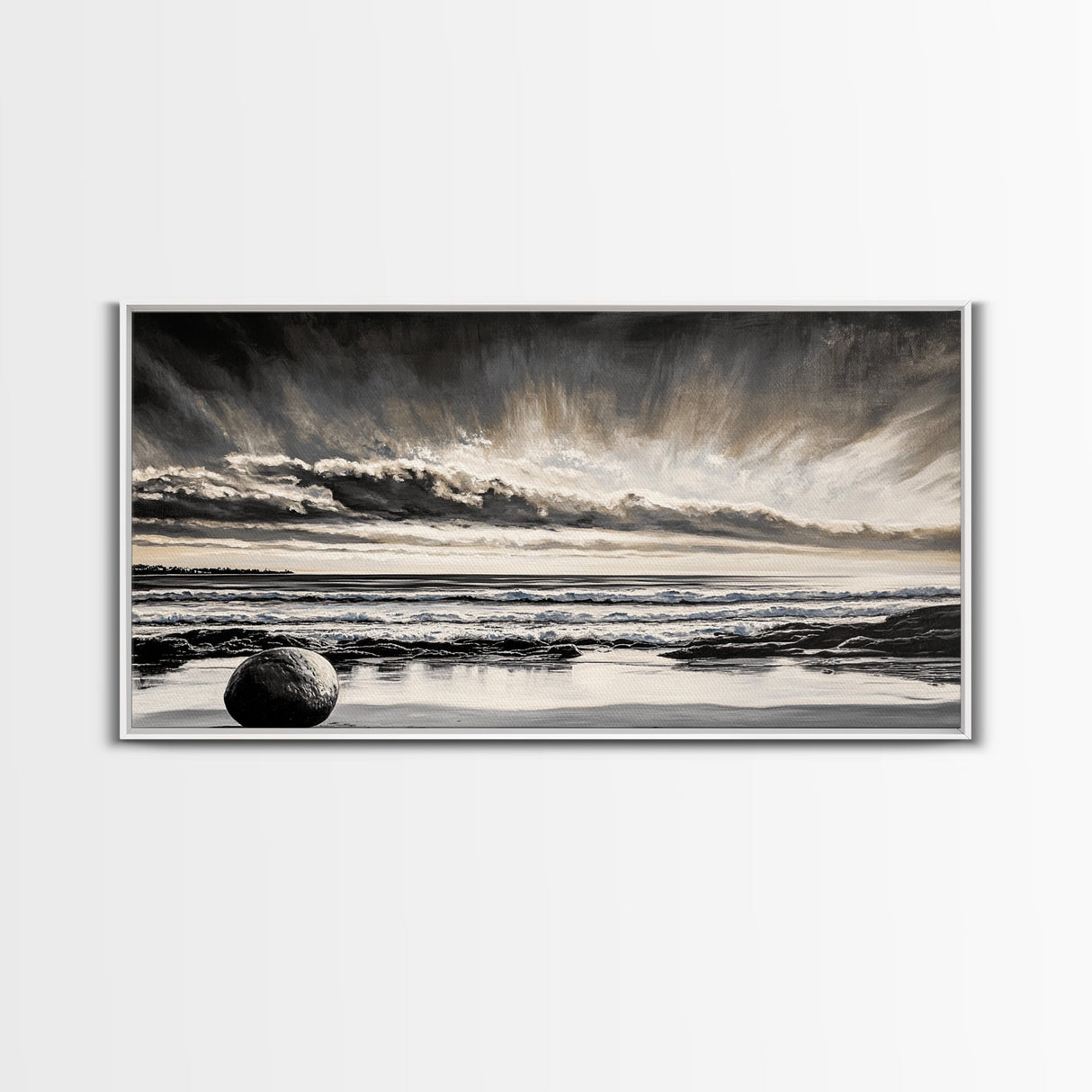 Moody Beach, Black White, Ocean Sunset, Canvas Print, Dramatic Seascape, Coastal Wall Art, Relaxing Home Decor, Living Room Artwork