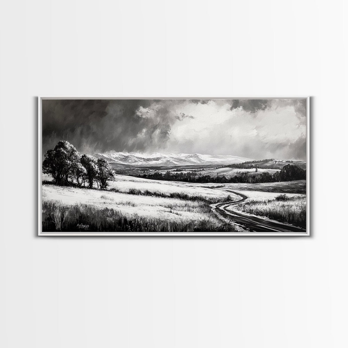 Winter Landscape, Black White, Scenic Country Road, Framed Canvas Print, Serene Nature Art, Rustic Wall Decor, Bedroom Artwork