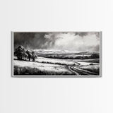 Winter Landscape, Black White, Scenic Country Road, Framed Canvas Print, Serene Nature Art, Rustic Wall Decor, Bedroom Artwork