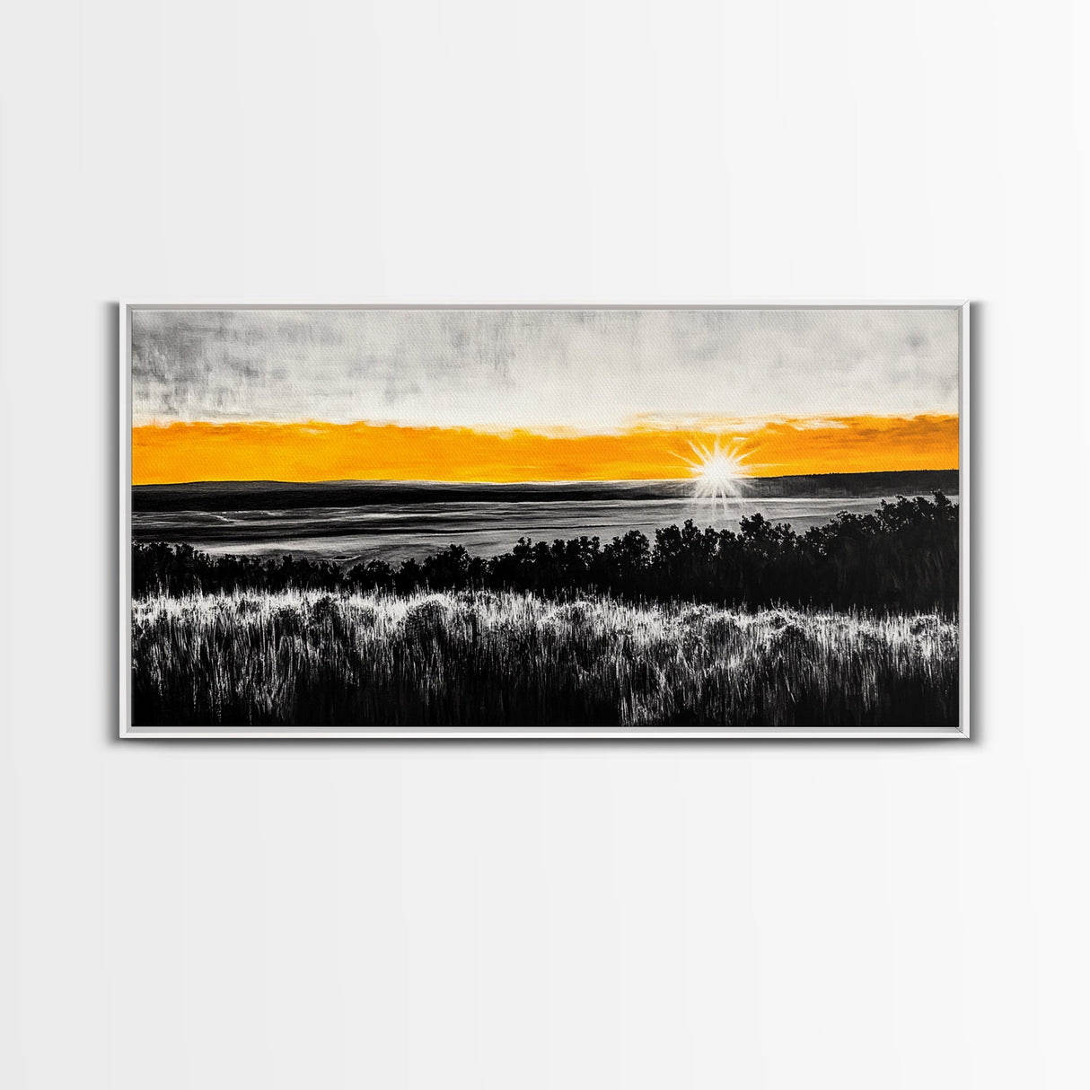 Sunrise Over Fields, Golden Light, Black and White Contrast, Tranquil Scene, Minimalist Wall Art, Warm Tones, Framed Canvas Print