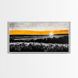 Sunrise Over Fields, Golden Light, Black and White Contrast, Tranquil Scene, Minimalist Wall Art, Warm Tones, Framed Canvas Print