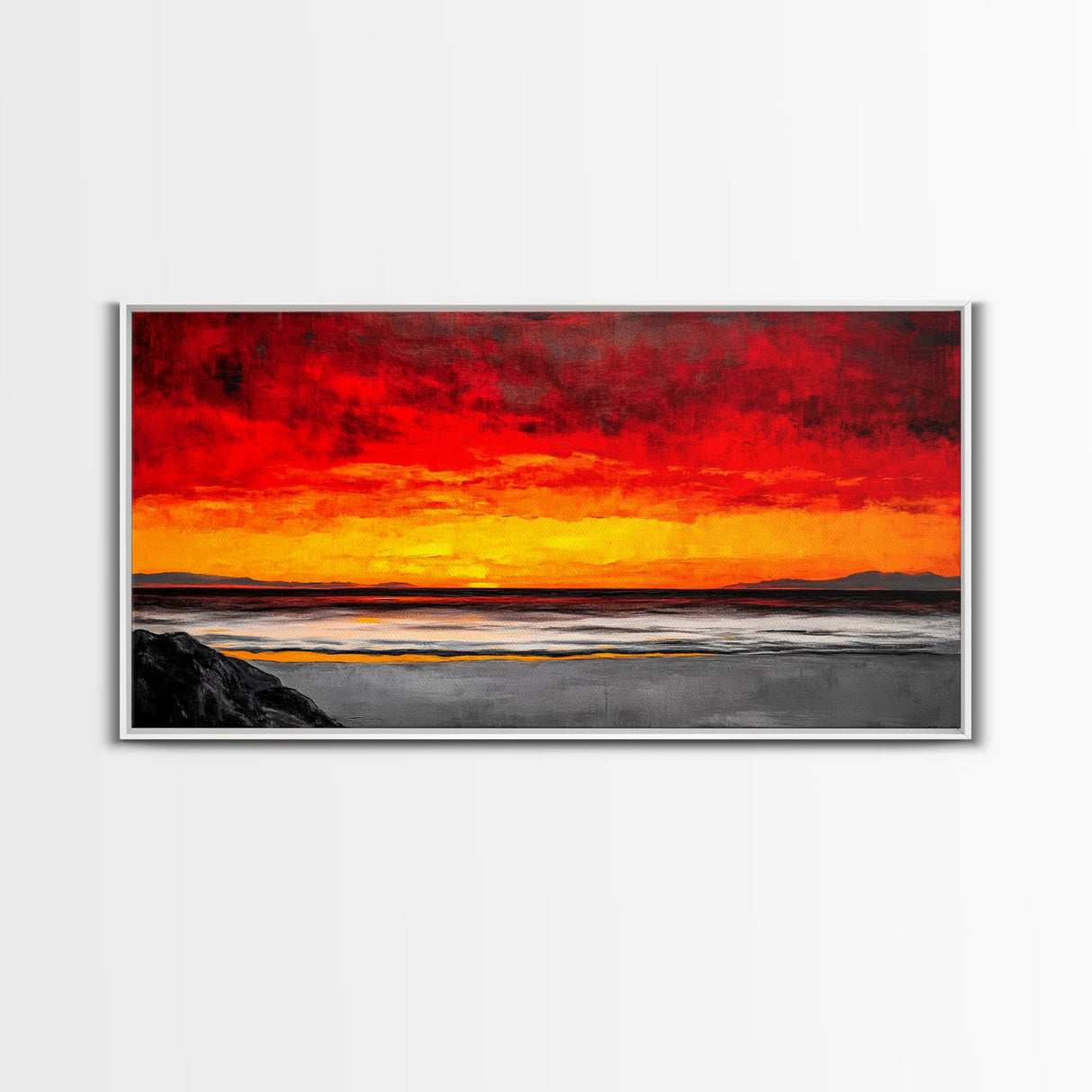 Red Sunset, Ocean Shore, Dramatic Sky, Bold Expressionist Art, Vibrant Landscape, Beach House Decor, Living Room, Canvas Print
