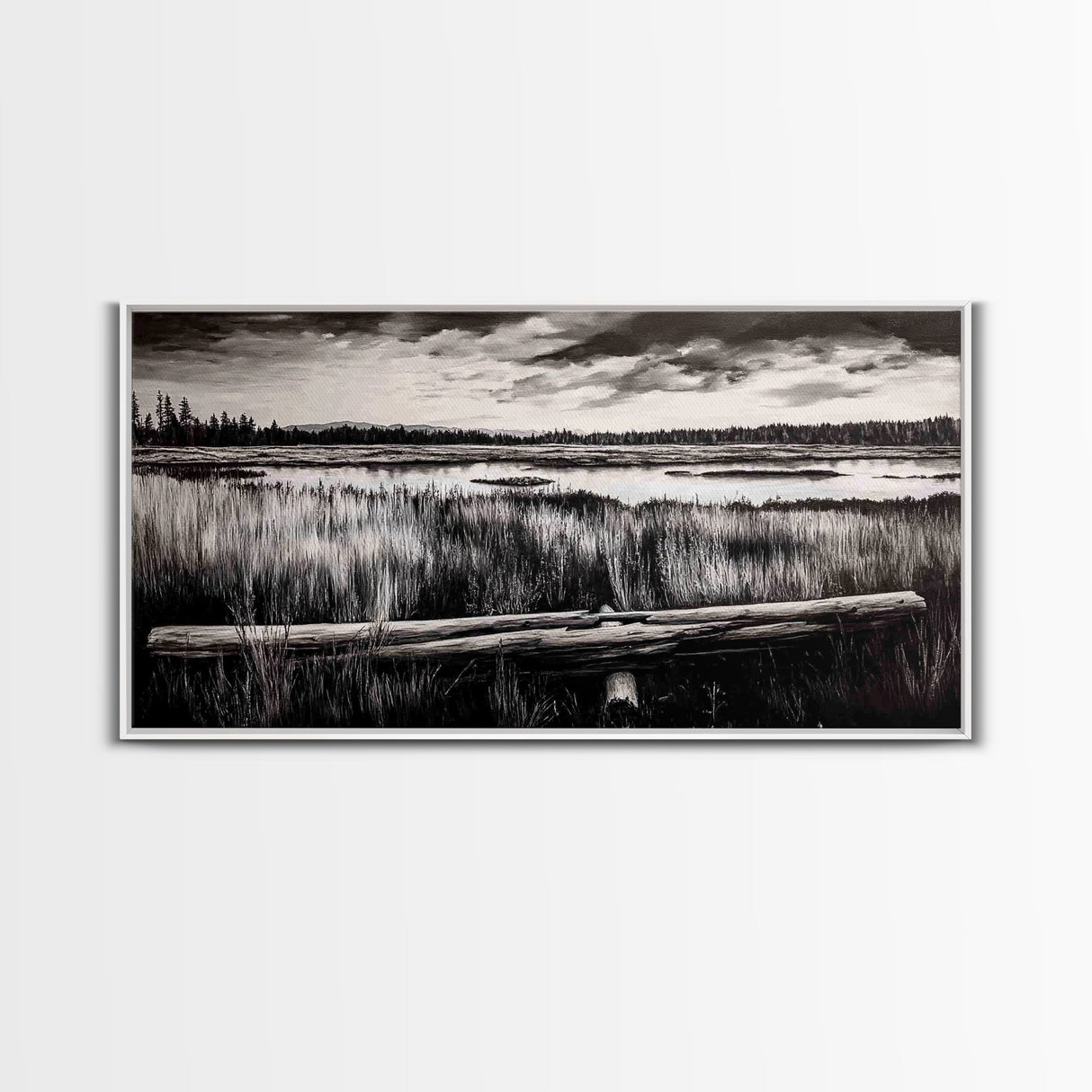 Marshland, Serene, Nature, Black and White, Framed Canvas Print, Landscape Painting, Rustic Wall Art, Cabin Decor, Neutral Tone Art