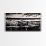 Marshland, Serene, Nature, Black and White, Framed Canvas Print, Landscape Painting, Rustic Wall Art, Cabin Decor, Neutral Tone Art