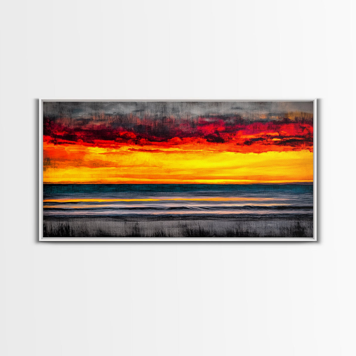 Sunset Beach, Ocean Art, Coastal Landscape, Modern Canvas Print, Boho Wall Art, Vibrant Seascape, Living Room Decor, Bold Art