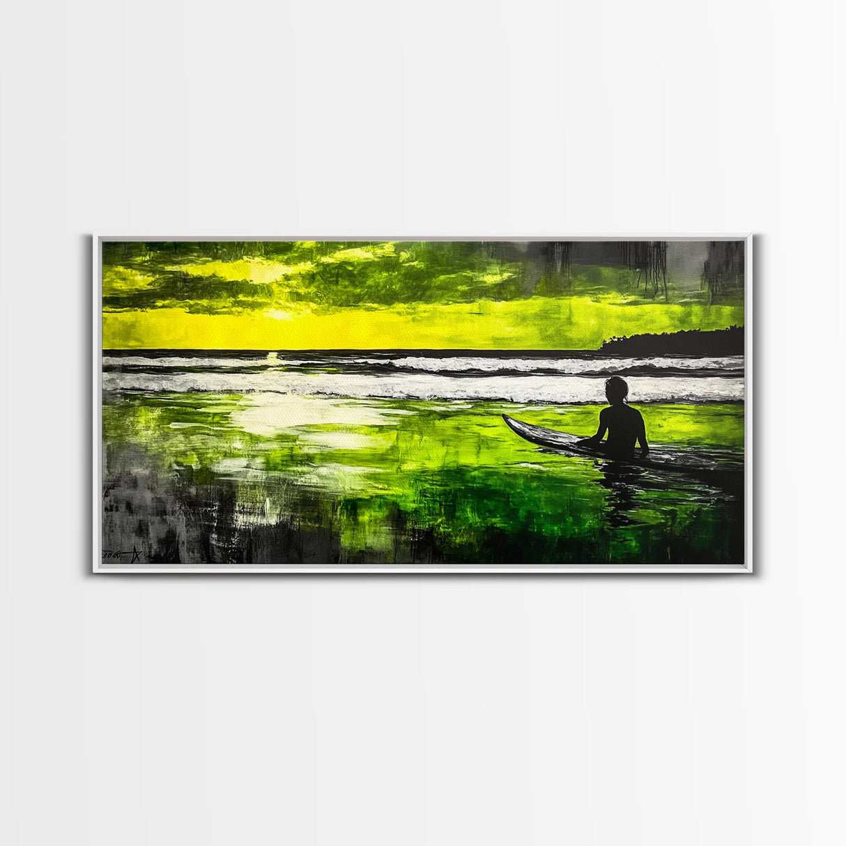 Surfer Waiting, Ocean Art, Tropical Canvas Print, Vibrant Green, Modern Wall Art, Surfing Decor, Beach House Vibes, Coastal Painting