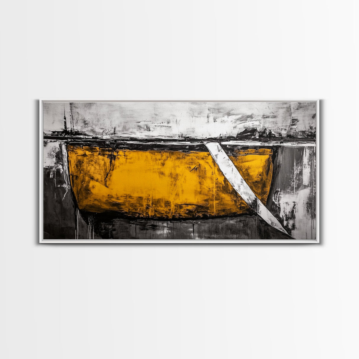 Minimalist Abstract, Yellow Black Art, Industrial Wall Decor, Urban Loft Accent, Framed Canvas Print, Modern Home Office Art