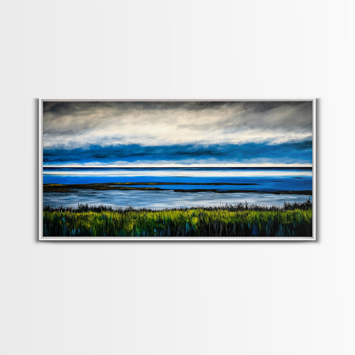 Ocean Horizon, Blue Sky, Coastal, Minimalist, Framed Canvas Print, Seascape Painting, Modern Wall Art, Living Room Decor, Tranquil Scene