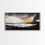 Volcano Eruption, Dramatic Landscape Art, Black and White Wall Art, Fiery Sunset Painting, Large Framed Canvas Print, Office Decor