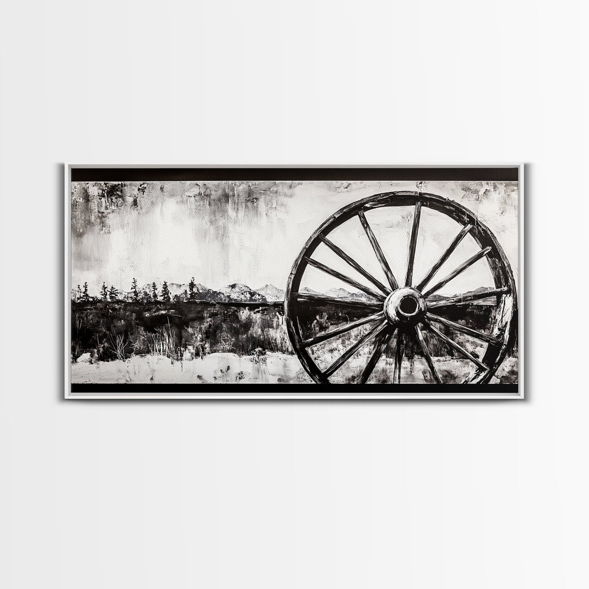 Wagon Wheel, Mountain Landscape, Black and White Western Art, Rustic Home Decor, Framed Canvas Print, Farmhouse Living Room Art
