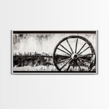 Wagon Wheel, Mountain Landscape, Black and White Western Art, Rustic Home Decor, Framed Canvas Print, Farmhouse Living Room Art
