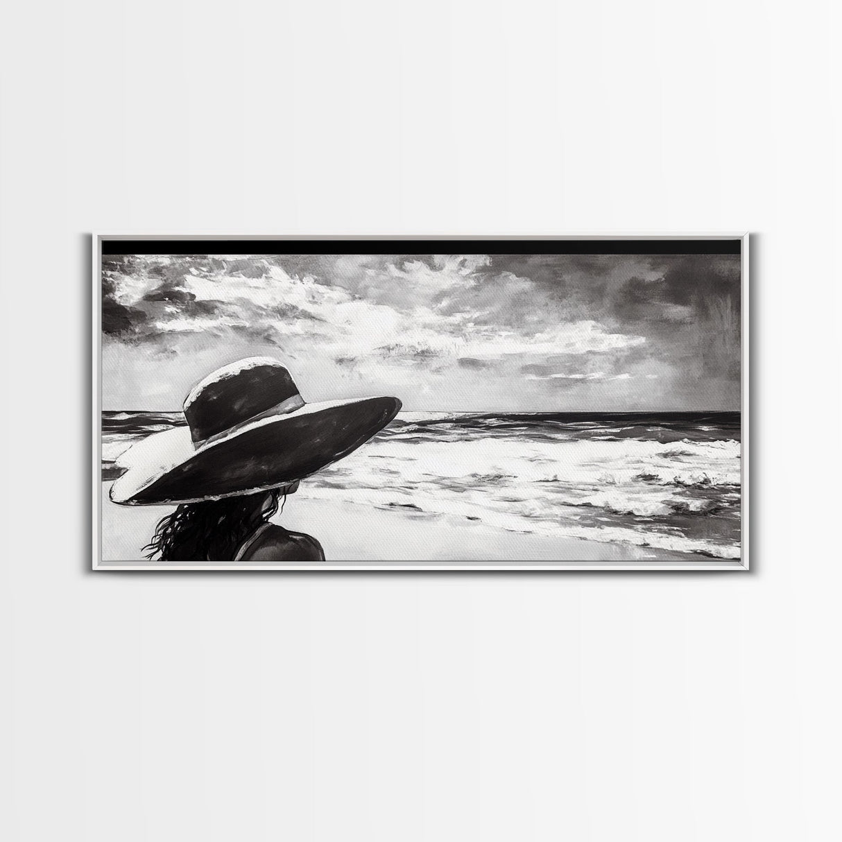 Woman at Beach, Black and White Wall Art, Minimalist Canvas Print, Modern Coastal Decor, Ocean View Art, Living Room Wall Art