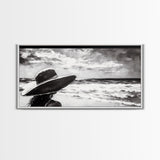 Woman at Beach, Black and White Wall Art, Minimalist Canvas Print, Modern Coastal Decor, Ocean View Art, Living Room Wall Art