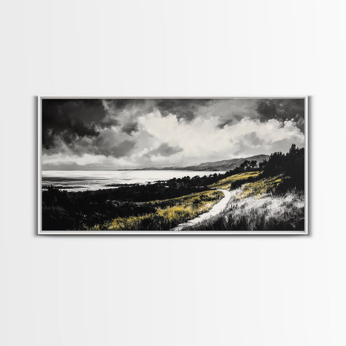 Golden Field, Pathway Landscape, Black and White Art, Moody Sky, Scenic Wall Decor, Office Wall Art, Canvas Print, Minimalist Nature