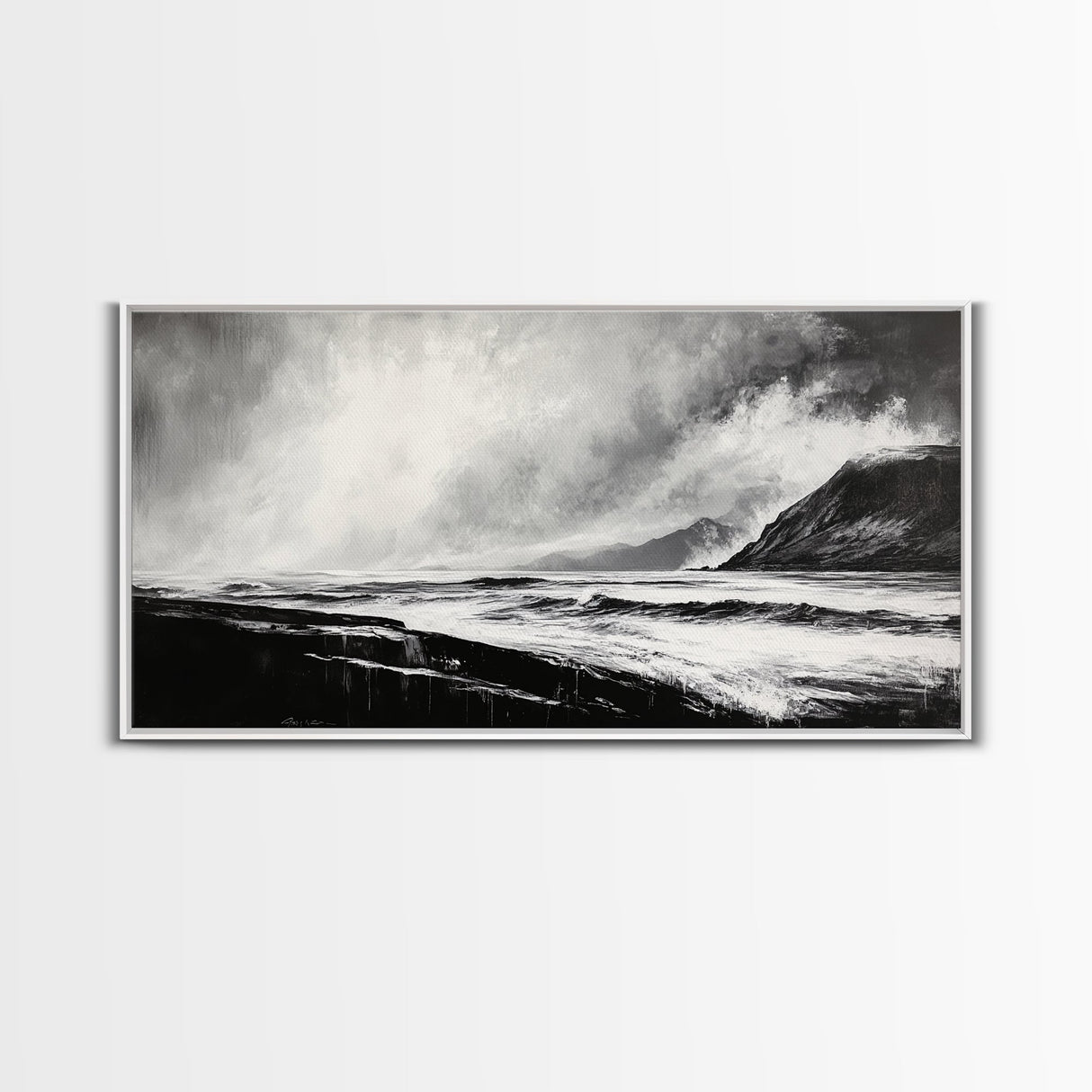 Monochrome Seascape, Dramatic Waves, Stormy Ocean, Modern Wall Art, Black and White Painting, Living Room Art, Framed Canvas Print, Gift Idea