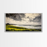 Seaside Serenity, Stormy Ocean, Beach Wall Art, Nature Inspired Decor, Moody Coastal Scene, Yellow Grass, Living Room Artwork, Canvas Print