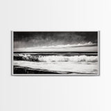 Monochrome Ocean, Rolling Waves, Black and White Beach Art, Framed Canvas Print, Minimalist Seascape, Coastal Wall Decor, Bedroom Art