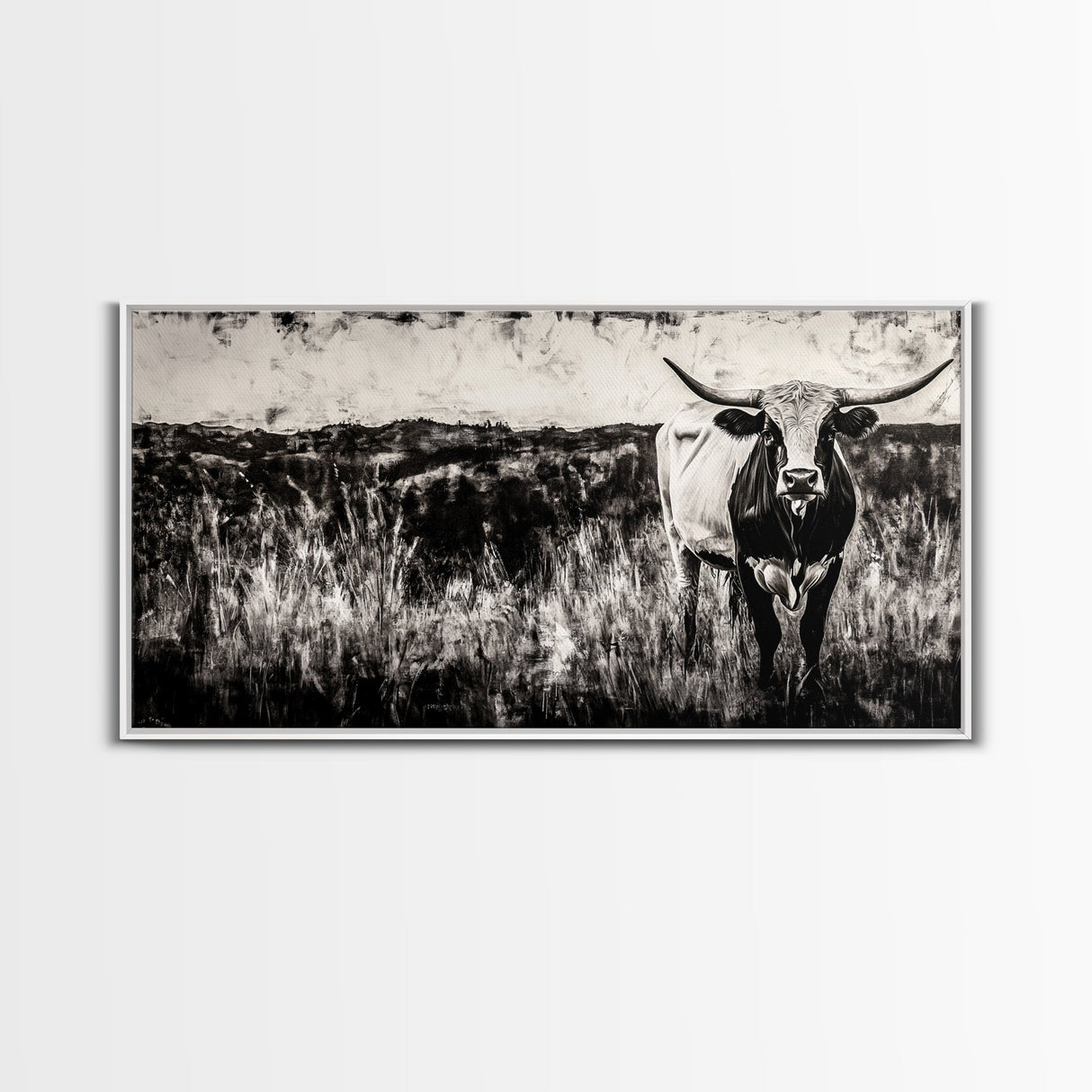 Texas Longhorn, Rustic Farmhouse, Black and White Western Art, Framed Canvas Print, Country Home Decor, Rustic Living Room Wall Art