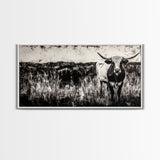 Texas Longhorn, Rustic Farmhouse, Black and White Western Art, Framed Canvas Print, Country Home Decor, Rustic Living Room Wall Art