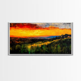Golden Sunset, Rolling Hills, Vibrant Landscape, Canvas Print, Nature Wall Art, Living Room Decor, Warm Autumn Tones, Rustic Artwork