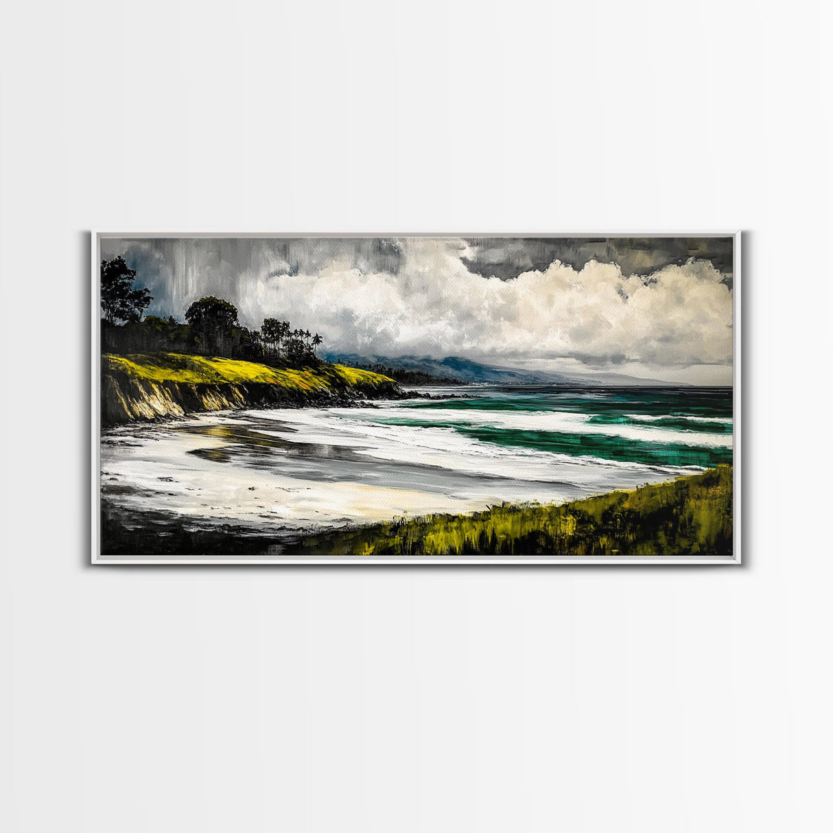 Foggy Shoreline, Rolling Waves, Coastal Landscape, Framed Canvas Print, Beach House Wall Art, Minimalist Decor, Modern Seascape Art