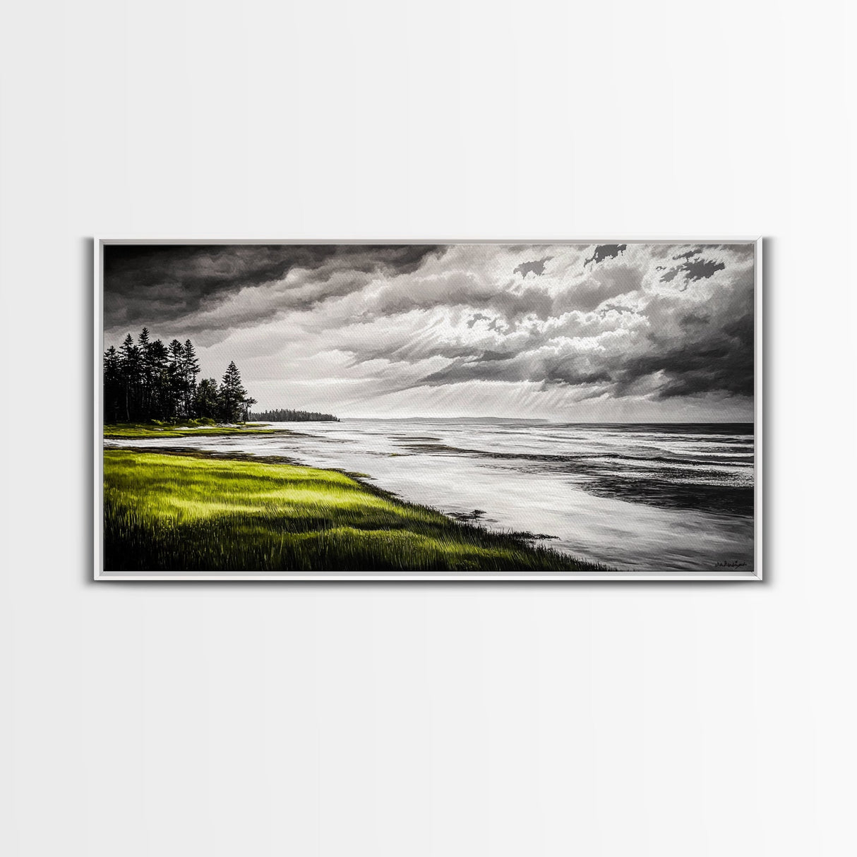 Stormy Beach, Coastal Horizon, Monochrome Landscape, Framed Canvas Print, Minimalist Art, Modern Living Room Decor, Dramatic Ocean Scene