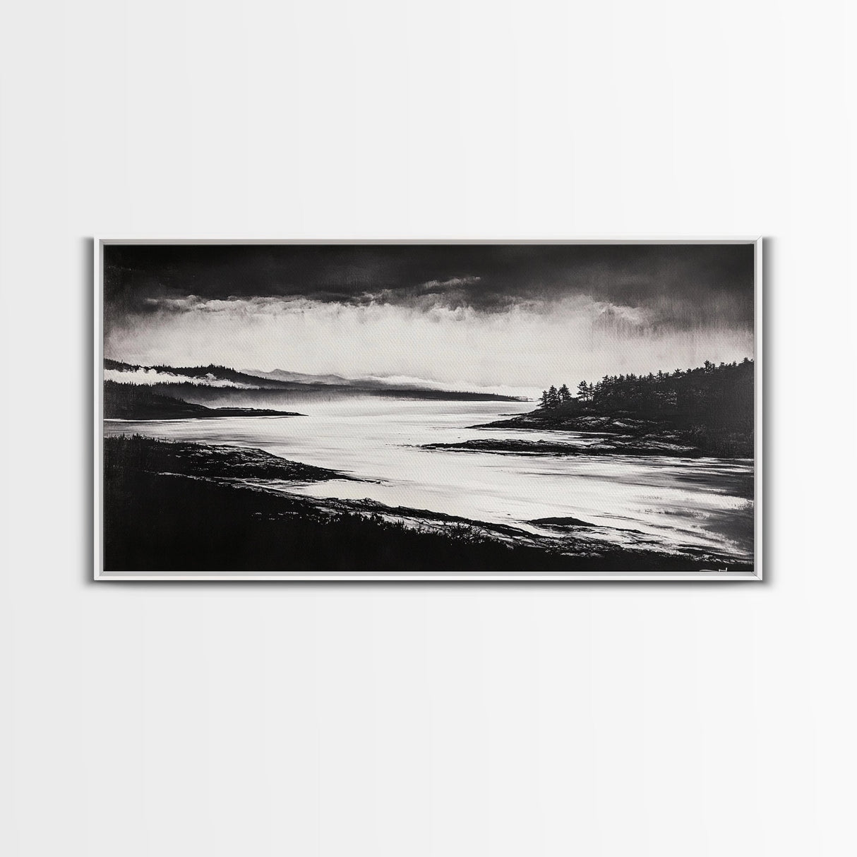 Serene Waters, Mountain Lake, Foggy Landscape, Canvas Print, Black and White Art, Minimalist Home Decor, Rustic Cabin Wall Art, Office Art
