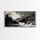 Waterfall Painting, Dramatic Nature, Mountain River, Framed Canvas Print, Monochrome Art, Nature Decor, Lodge Wall Art, Rustic Home