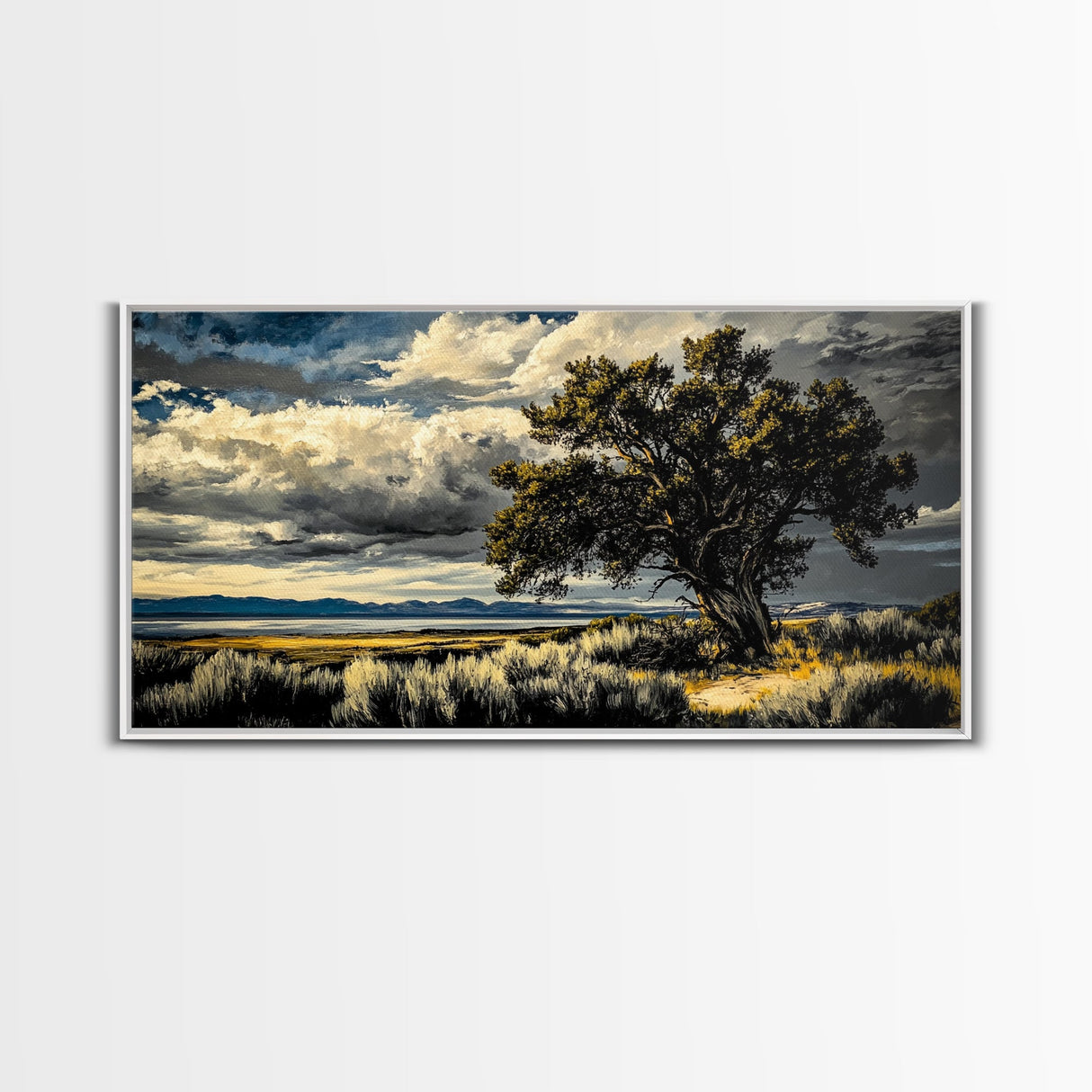 Solitary Tree, Dramatic Sky, Western Landscape, Rustic Nature, Southwest Art, Framed Canvas Print, Living Room Decor, Bold Earthy Painting
