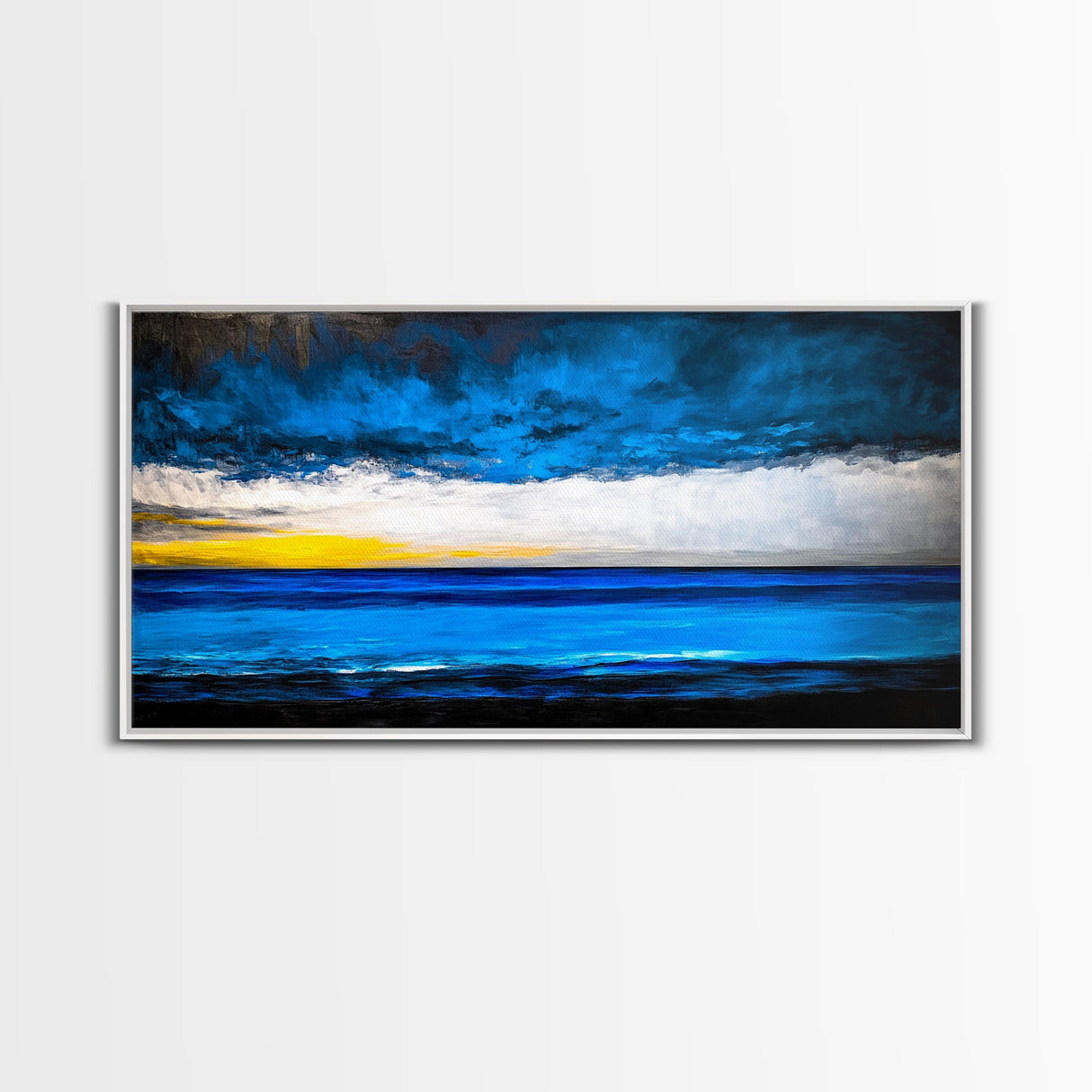 Ocean Waves, Deep Blue, Stormy Sky, Coastal Painting, Modern Seascape, Framed Canvas Print, Beach House Decor, Minimalist Wall Art