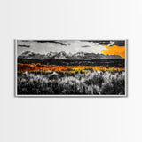 Mountain Range, Autumn Colors, Rustic Landscape, Moody Sky, Warm Tones, Framed Canvas Print, Cabin Wall Decor, Living Room Art